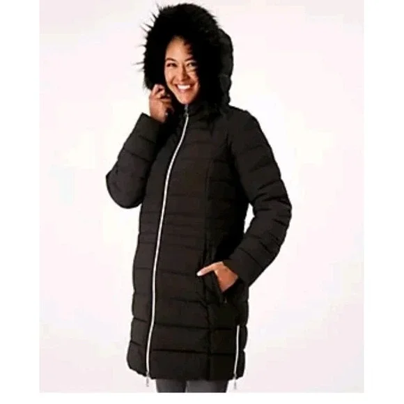 NuAge Women's Jacket Sz S/P Regular Stretch Puffer Coat w Removable Hood Black - Picture 1 of 15
